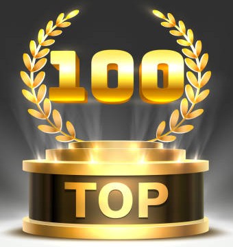 Top 100 best podium award sign, golden object. Vector illustration