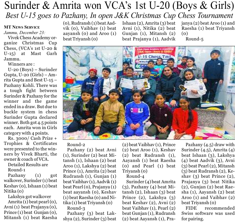 VCA 1st U-20 & u-15 (Christmas Cup) -2025 (The Mercury Times)