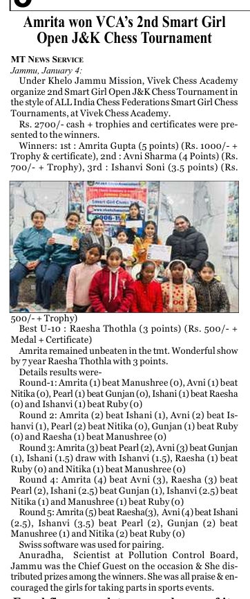 2nd smart girl open chess by vca jan 2026 ( Mercury times)