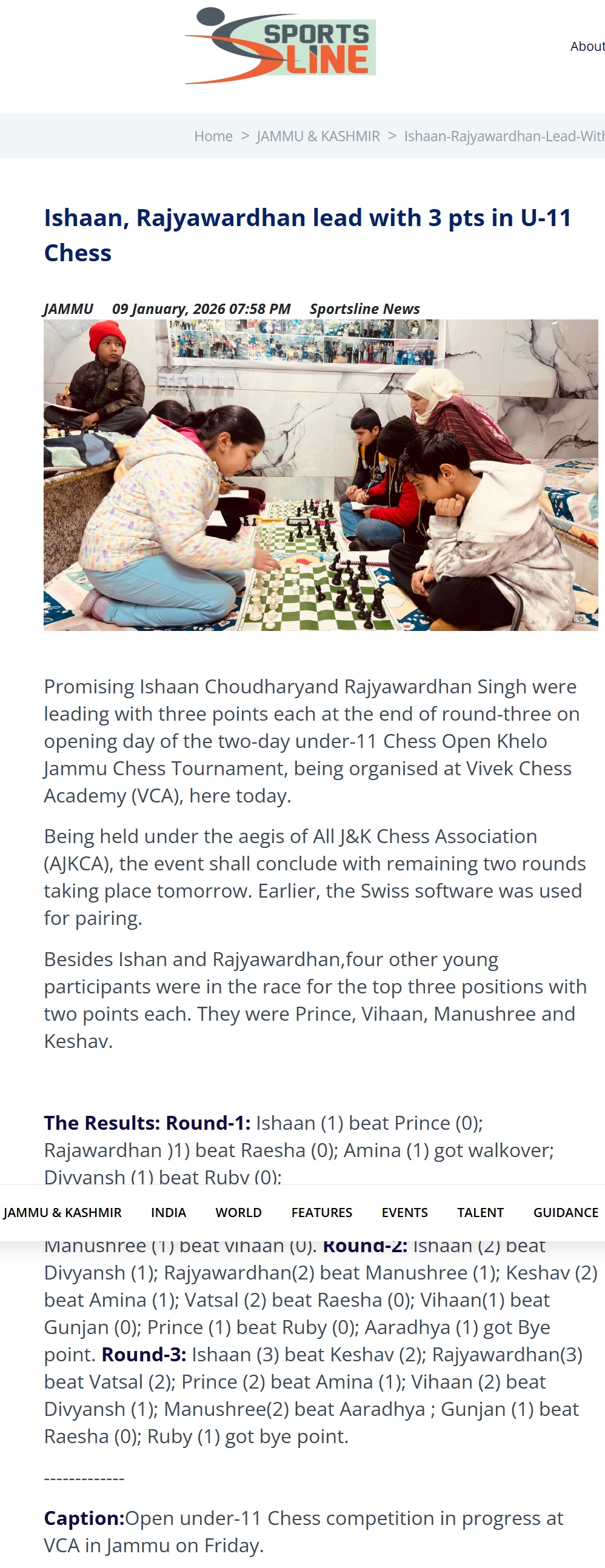 U-11 Khelo jammu chess tmt jan 2026 ( sports line)