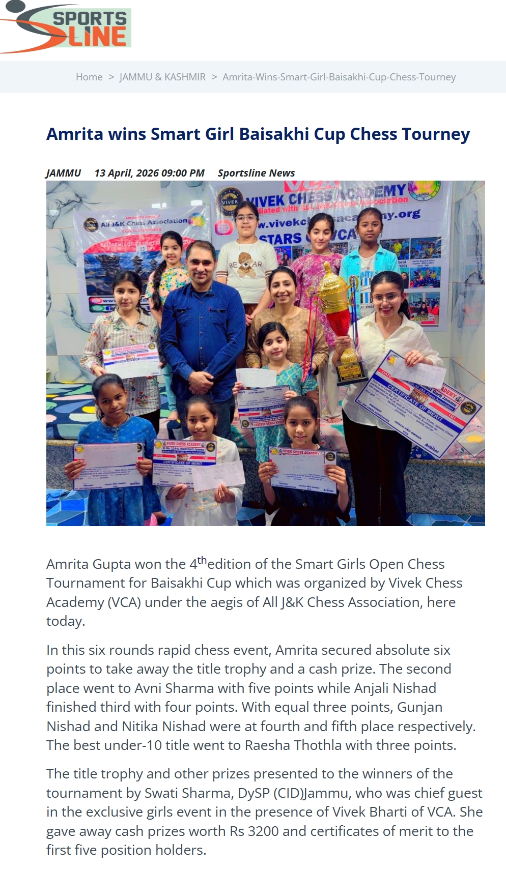 VCA 4th Smart Girl Chess April 2026 (Sports line)