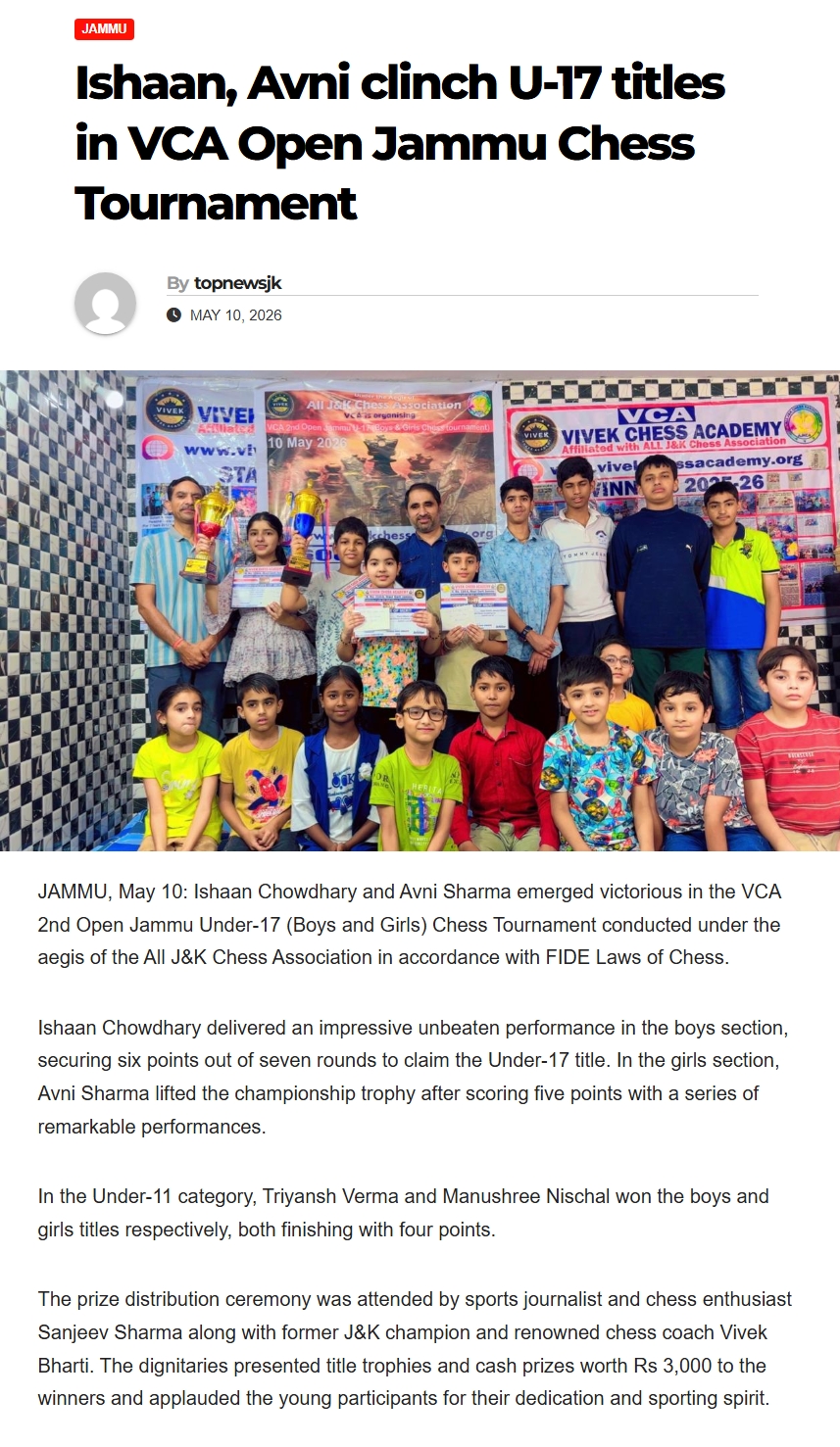 vca 2nd open u-17 chess (10 may 2026) (top news of j&k)